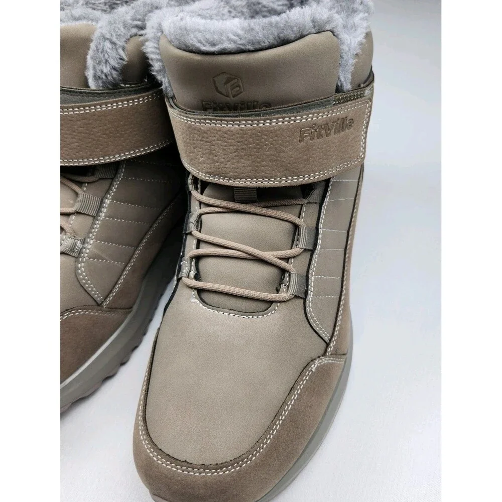 FitVille CozyCore V12 Winter Boots Mens 11W Roomy Brown Faux Fur Hook & Loop NWT